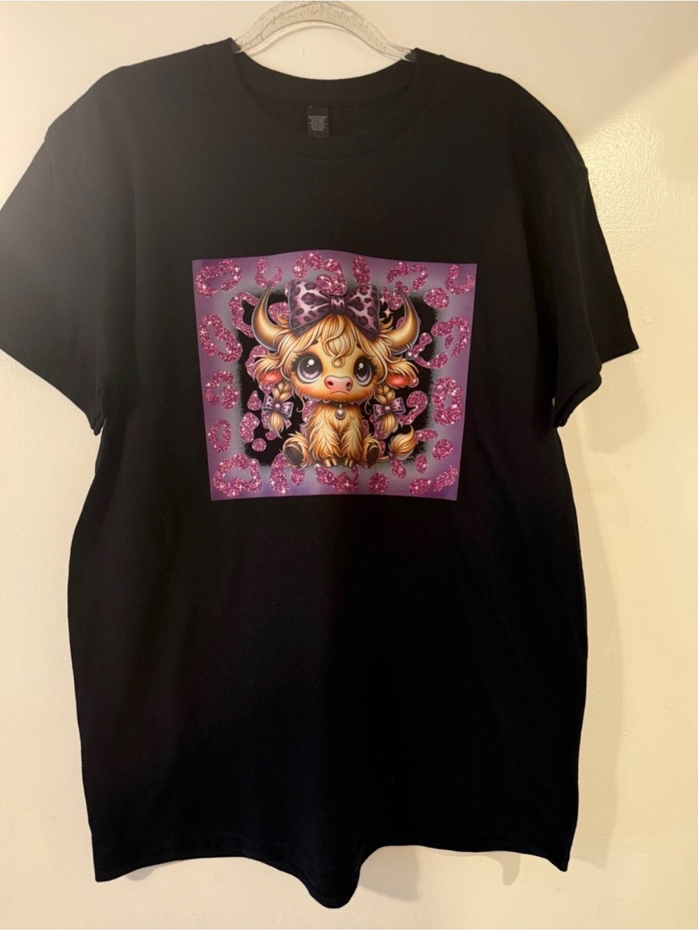 Black T-Shirt with Pink Glitter Cow Graphic - Picture 3 of 3